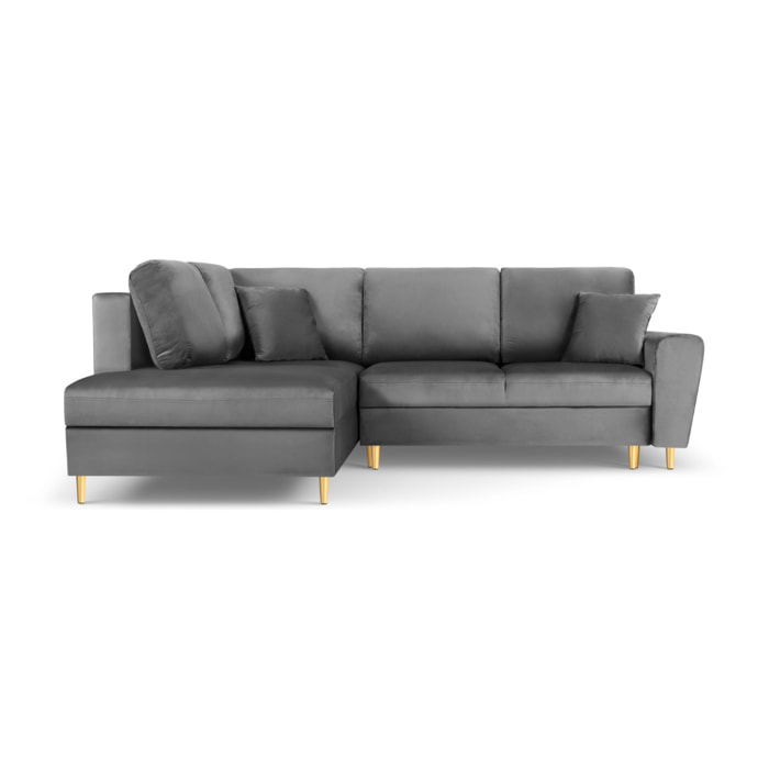 Canapé d'angle gauche convertible avec coffre de rangement "Kyoto" 5 places en velours gris clair