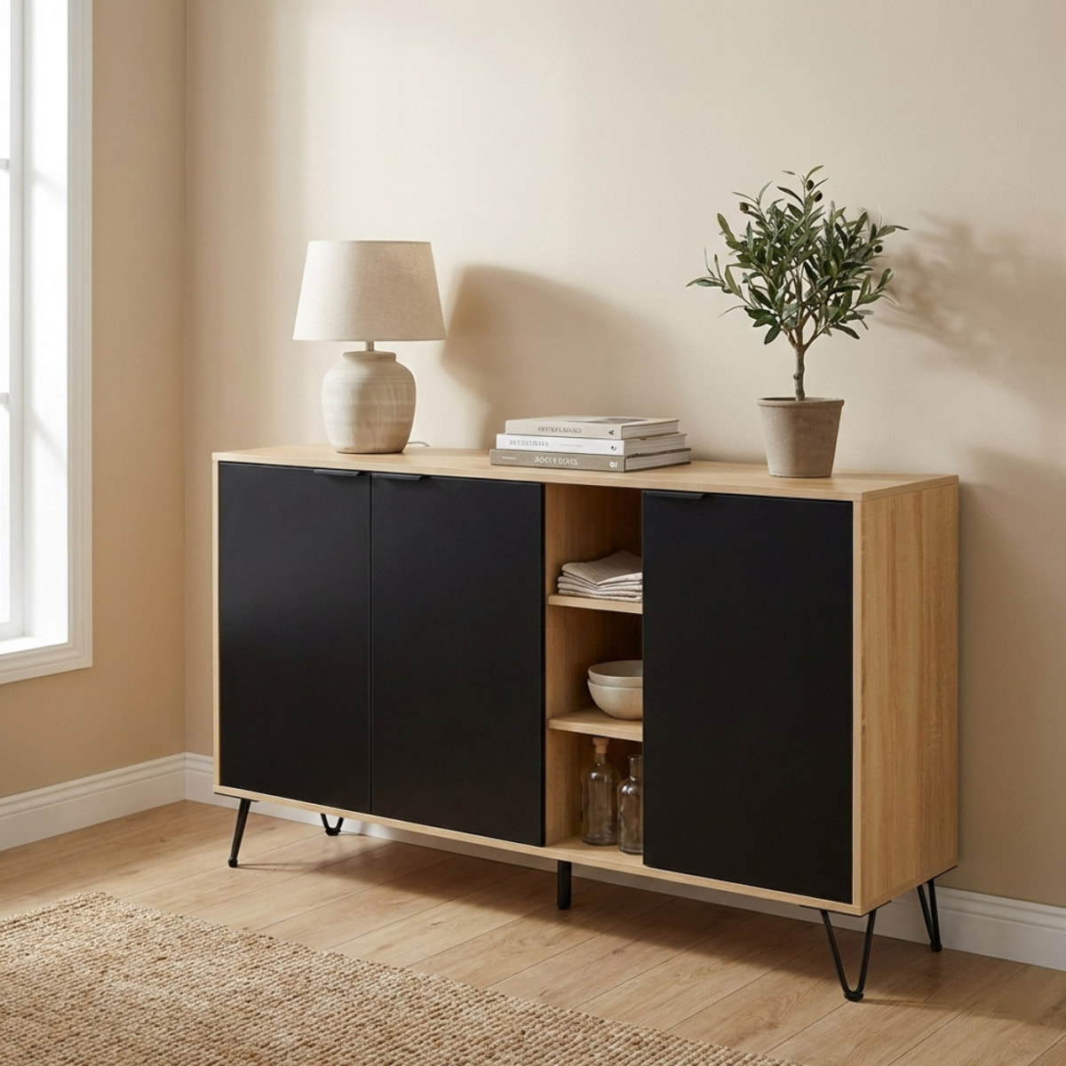 Credenza moderna 3 ante in legno rovere e nero 142x35