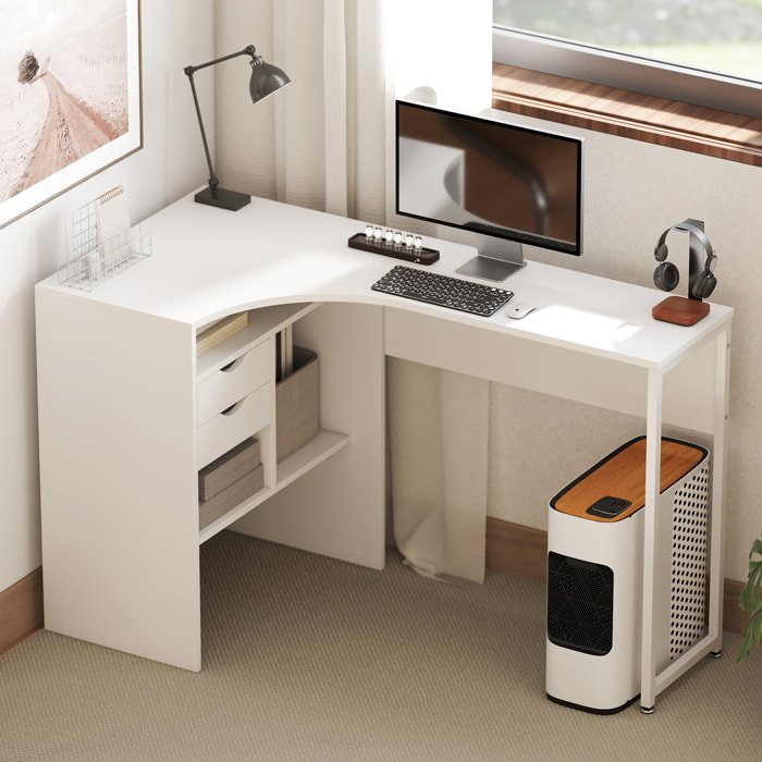 Bureau d'angle bureau informatique multimédia multi-rangement métal panneaux particules blanc