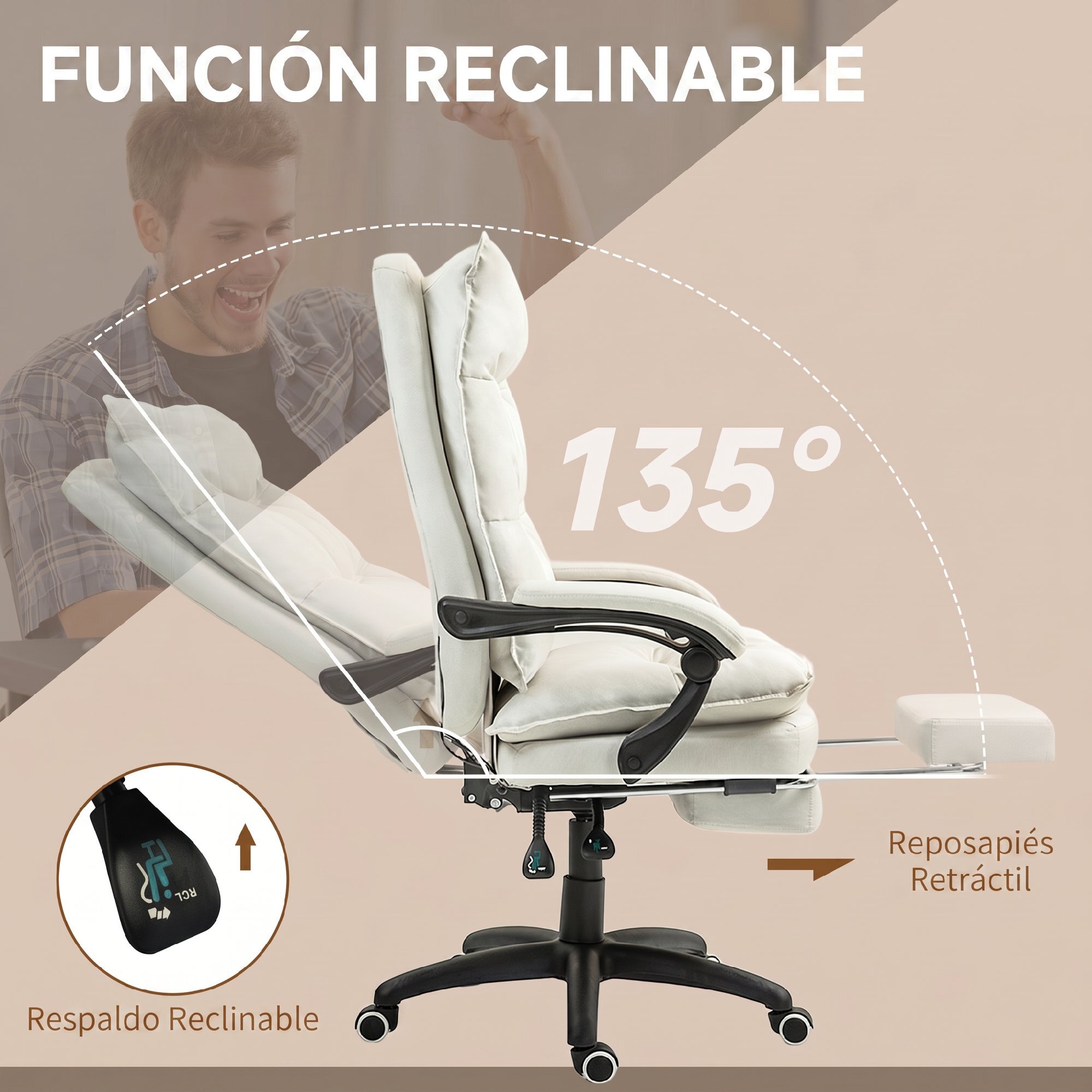Vinsetto Silla de Oficina Ejecutiva con Masaje, Silla de Escritorio Ergonómica con Altura Ajustable, Respaldo Reclinable, Reposapiés, Mando con Cable, Giratoria 360°, Crema