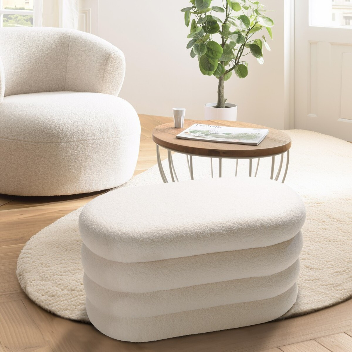 AGATHE - Banc avec rangement en tissu bouclette blanc L85cm