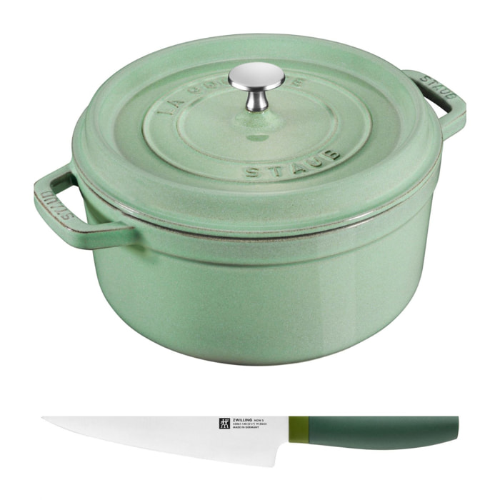 Cocotte 26 cm, Sauge, Fonte + Couteau de Chef 14 cm Vert