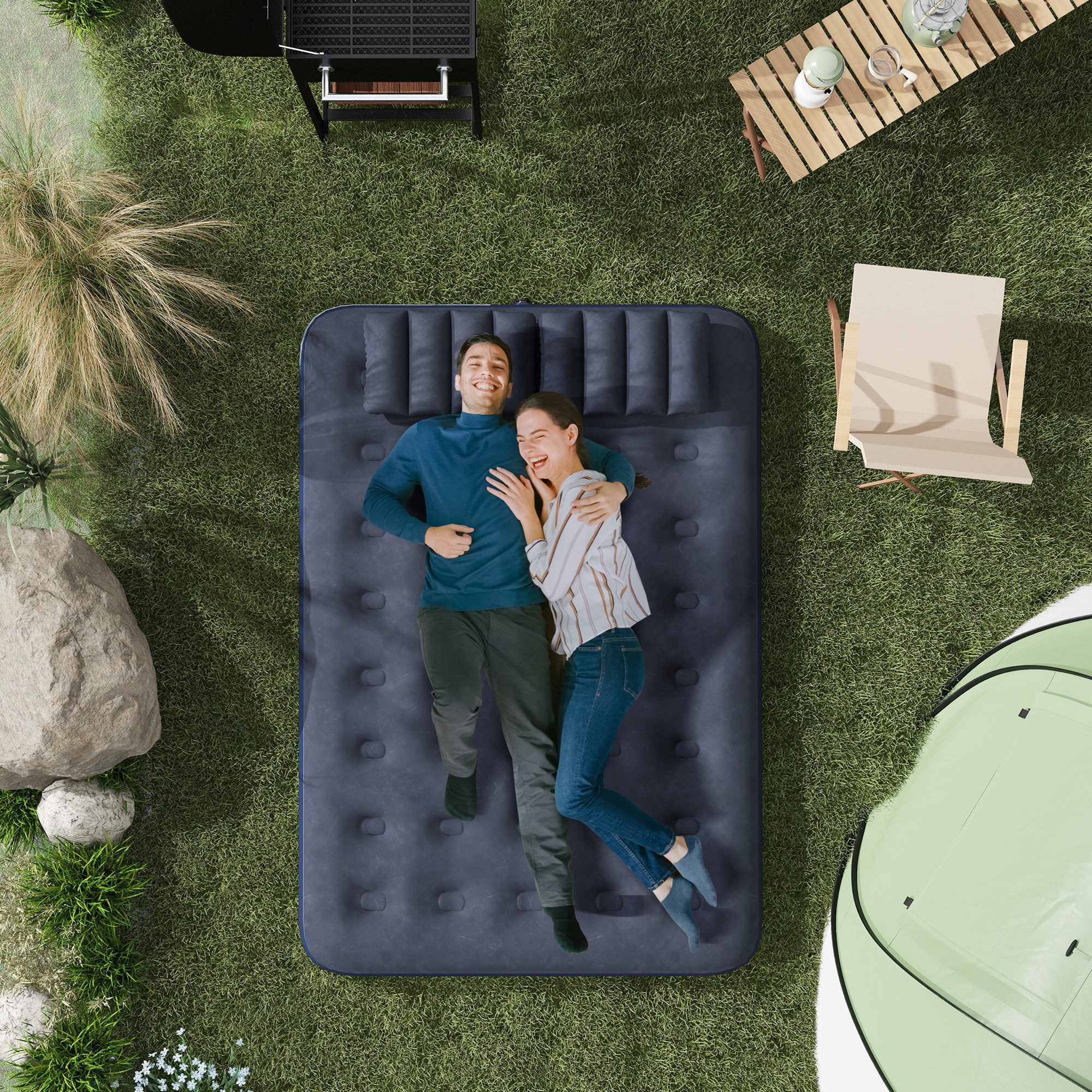 Colchón Hinchable Doble 191x137x22 cm con Inflador Manual Colchón Inflable Plegable con 2 Almohadas Integradas Superficie Flocado para Huéspedes Hogar Viajes Camping