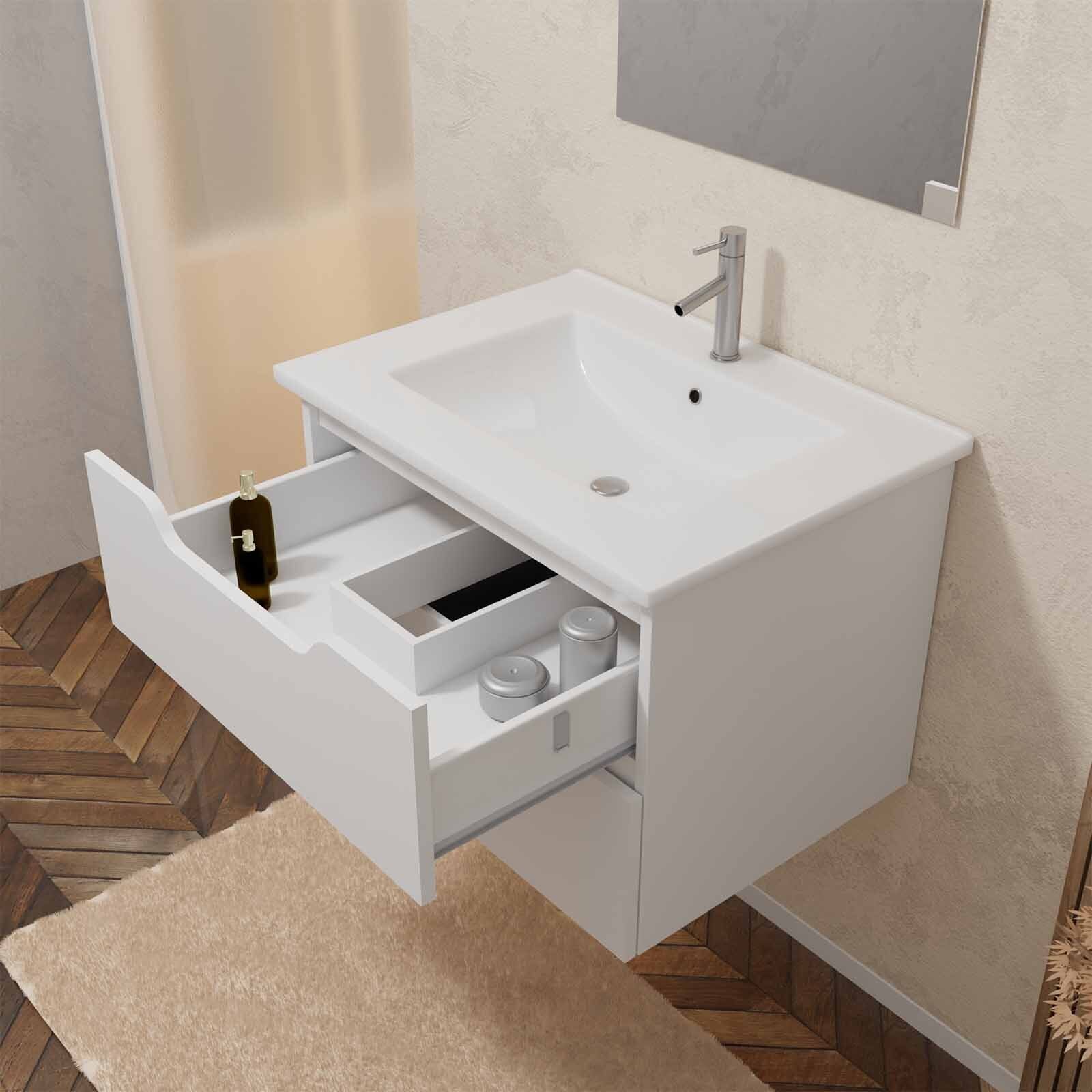 Meuble salle de bain 60cm suspendu 2 tiroirs Blanc Laque poignees integrees vasque et miroir - MILA