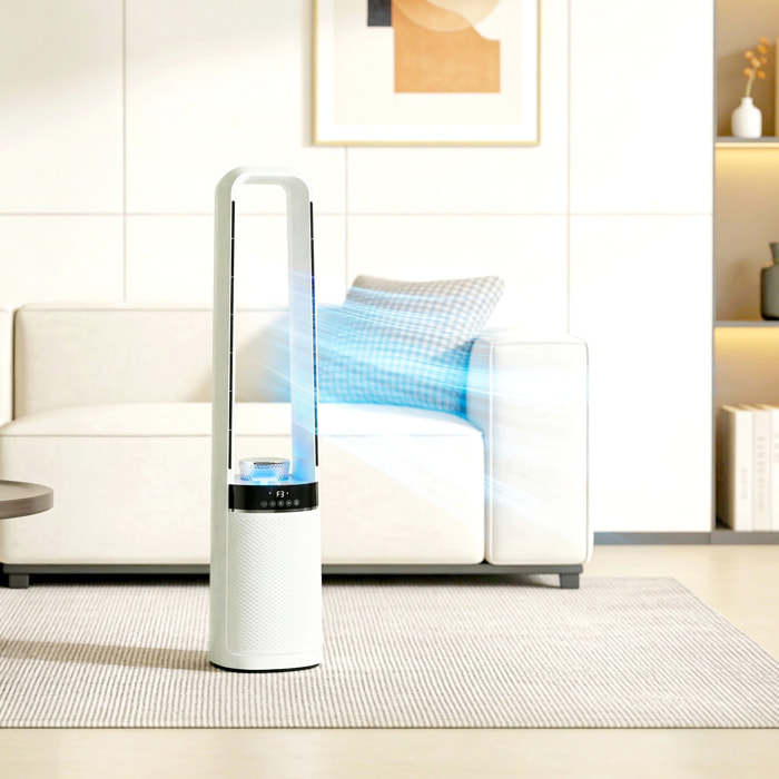 Ventilador de Torre Silencioso, Ventilador sin Aspas con Luces LED de 4 Colores, Mando a Distancia, Temporizador de 12 horas, Oscilación de 45°, 3 Velocidades, Blanco