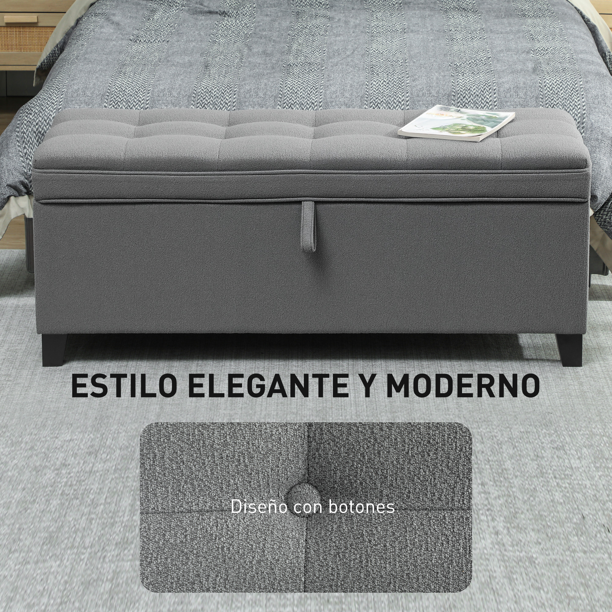 Puff Almacenaje Banco Almacenaje 112L Tapizado en Lino con 2 Bisagras de Seguridad Tapa Abatible y Asiento con Capitoné para Dormitorio Salón Entrada Carga 120 kg 120x40x48 cm Gris Oscuro