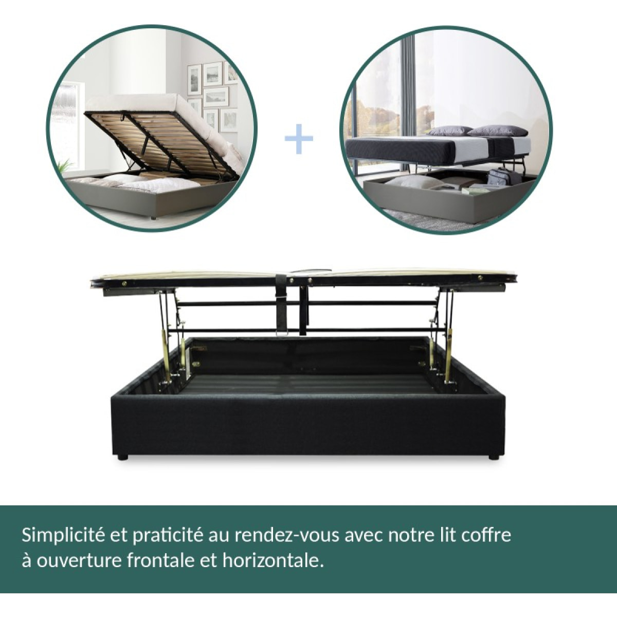 Lit coffre Parallèle | 3 Positions : Stocker, Faire Le lit, Repos | Espace de stockage jusqu'à 900 L | Tissu | Gris Foncé