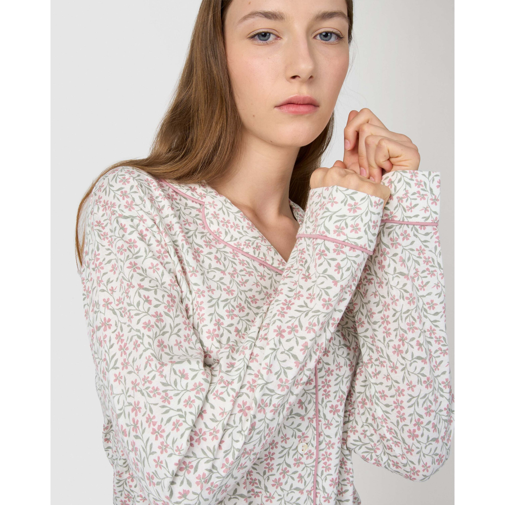 Pigiama lungo camicia in cotone asili rosa