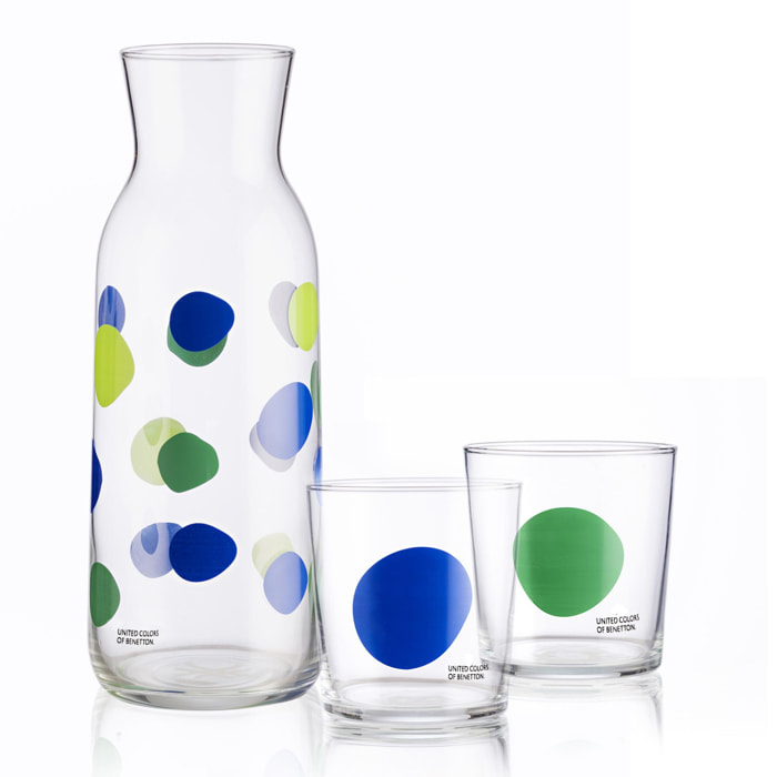 Set cristalería 7 piezas: jarra y 6 vasos de vidrio decorados benetton