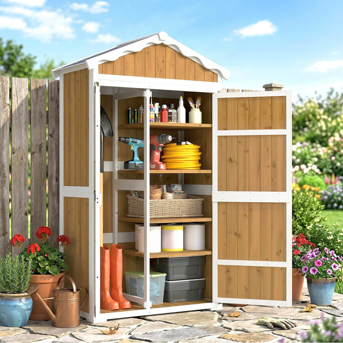 Caseta de Jardín de Madera 105x55x179 cm Cobertizo Jardín Exterior Impermeable Armario Exterior Herramientas con Puertas 4 Estantes Extraíbles Techo Metal Galvanizado Pies Ajustables Natural