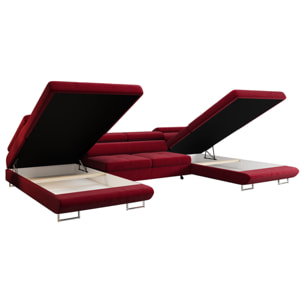 Ayden - Canapé panoramique en U 7 places convertible avec coffre et têtières réglables en tissu - Prune