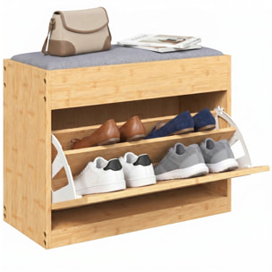Banco Zapatero, Banco Recibidor con Asiento Acolchado, Cajón Abatible, Puerta de Ratán, Estante Ajustable, para Entrada, Pasillo, Salón, 63x29x48 cm, Natural y Gris