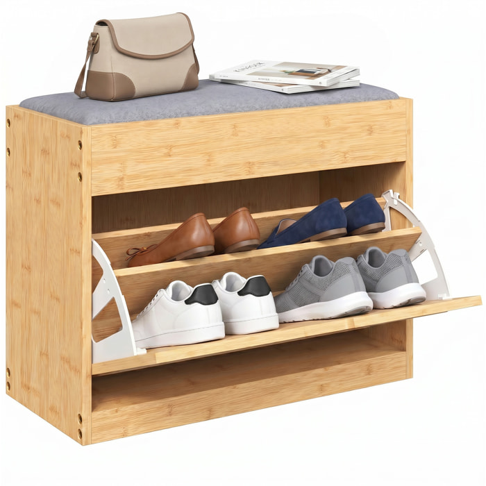 Banco Zapatero, Banco Recibidor con Asiento Acolchado, Cajón Abatible, Puerta de Ratán, Estante Ajustable, para Entrada, Pasillo, Salón, 63x29x48 cm, Natural y Gris