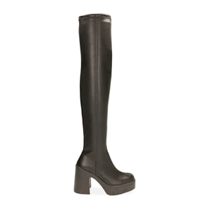 Botas gruesas por encima de la rodilla en color negro, tacón de 10,5 cm