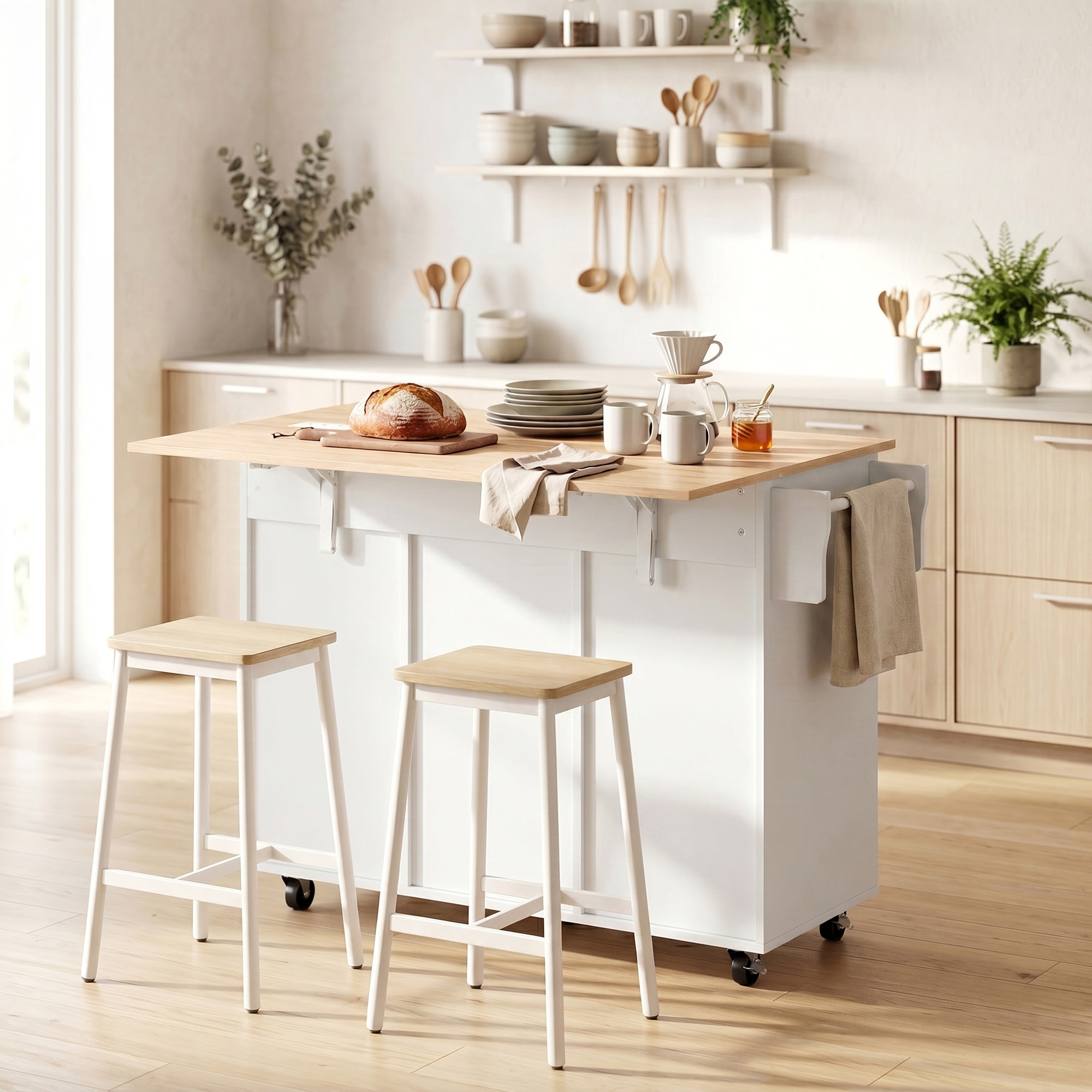 Isla de Cocina con Encimera Extensible, Carro de Cocina con Ruedas, 2 Cajones, 3 Armarios, Estantes en la Puerta, Toallero y Estantes Ajustables, para Comedor, Blanco