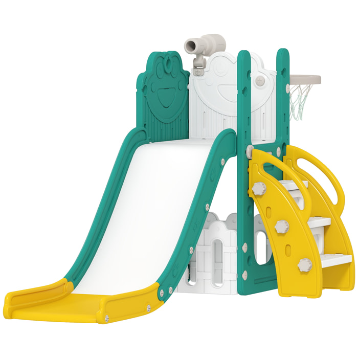 Toboggan enfant design grenouille - panier de basket-ball intégré - ballon, pompe inclus - HDPE blanc jaune turquoise