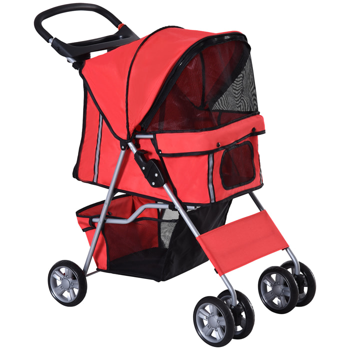 Poussette buggy pliable animaux chariot pliant chien chat porte-gobelet panier de rangement inclus roues avec frein tissu 600D Oxford métal rouge