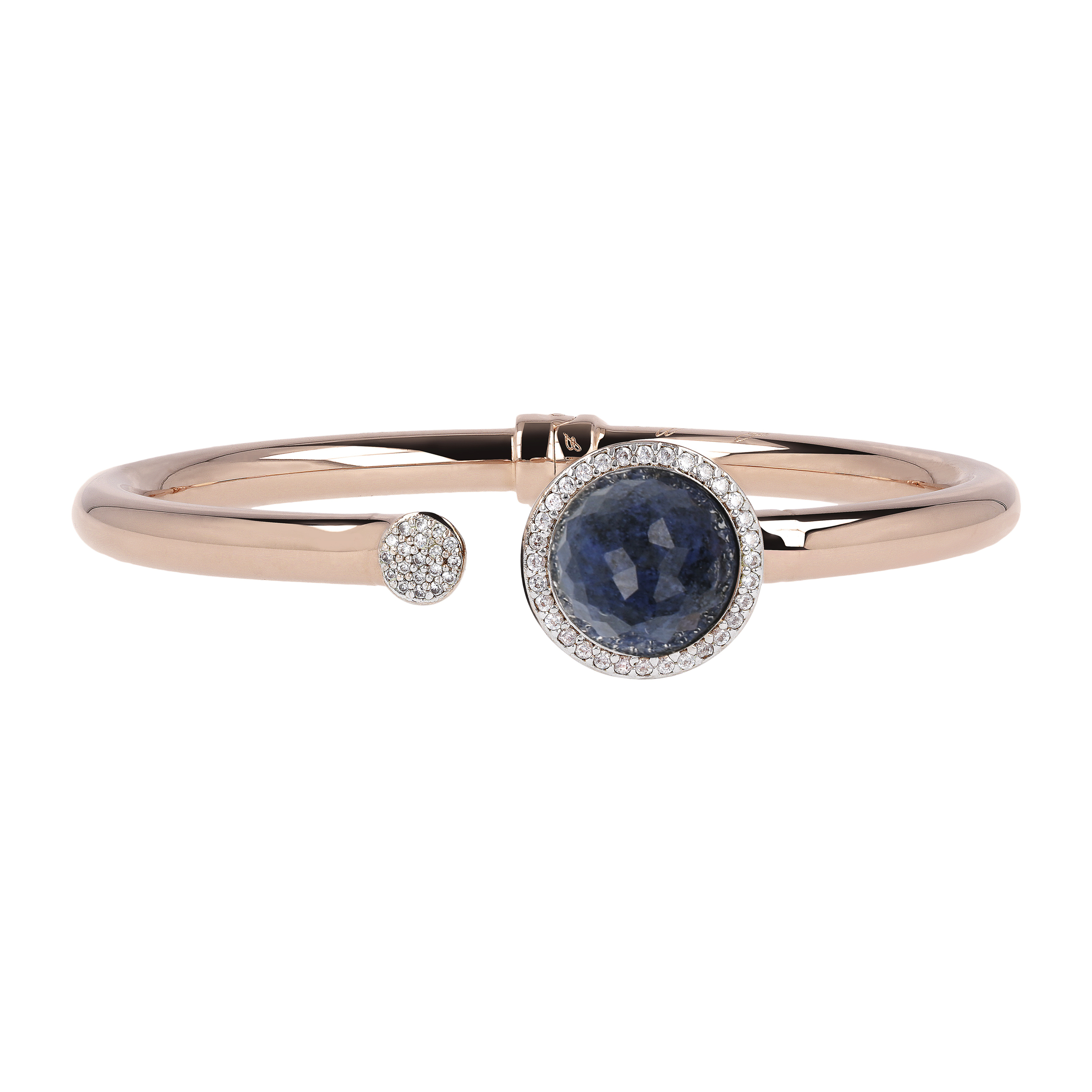 Bracciale Rigido con Pietra Naturale Tonda Dumortierite Blu e Pavé in Cubic Zirconia