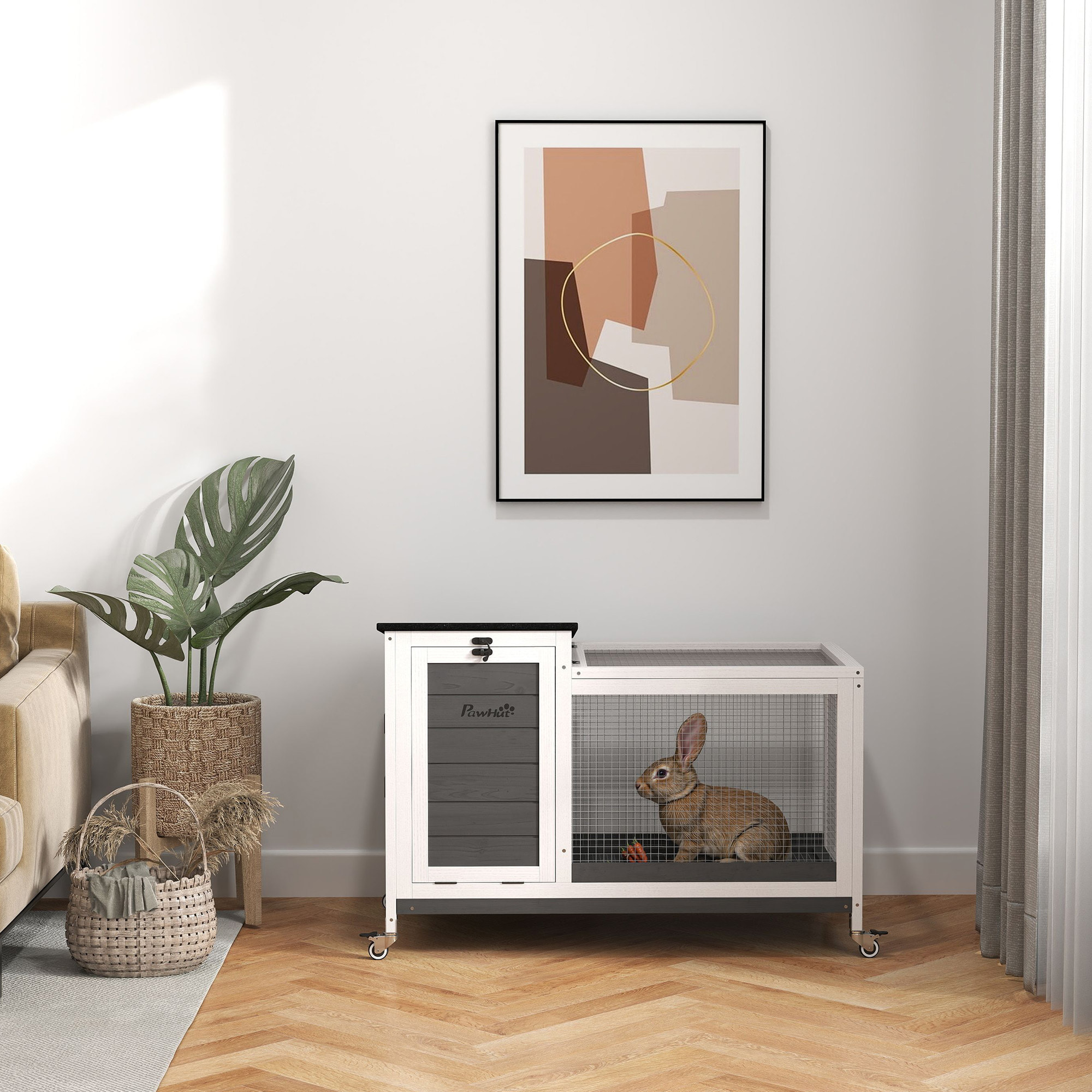 Conejera de Madera con Ruedas Jaula para Conejos con Techo Asfáltico Abatible Ventana Móvil y Bandeja Extraíble Conejera para Interior y Exterior 91x51x66 cm Blanco y Gris Oscuro