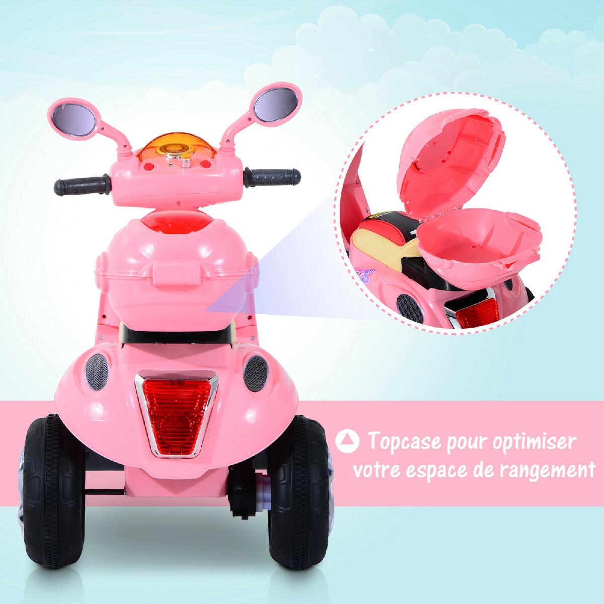 Moto scooter électrique pour enfants 6 V env. 3 Km/h 3 roues et topcase effet lumineux et sonore rose