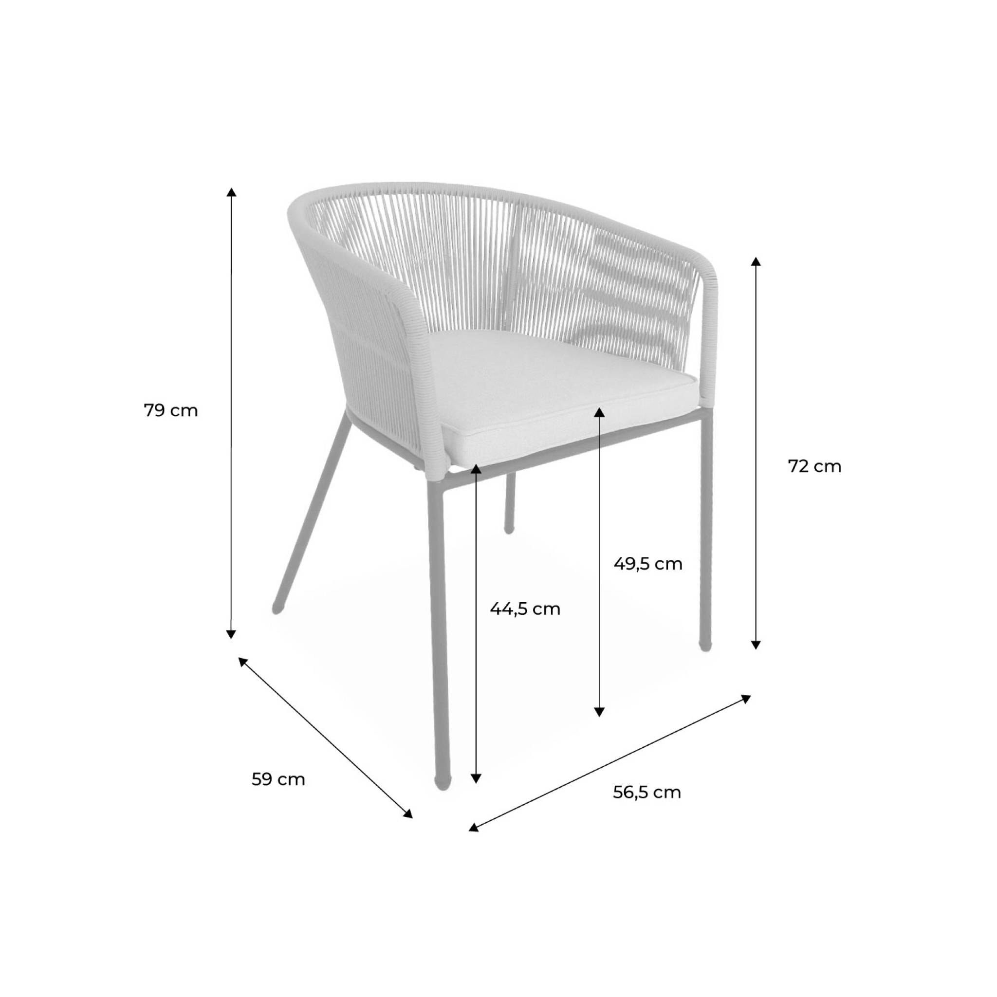 Lot de 4 fauteuils de jardin en corde beige et acier galvanisé. coussins beige