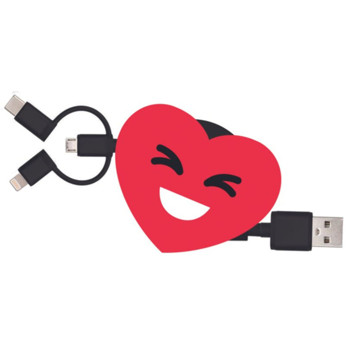 Câble trio YELLO KOKO USB vers USB-C/Micro/Lightning 1M Coeur