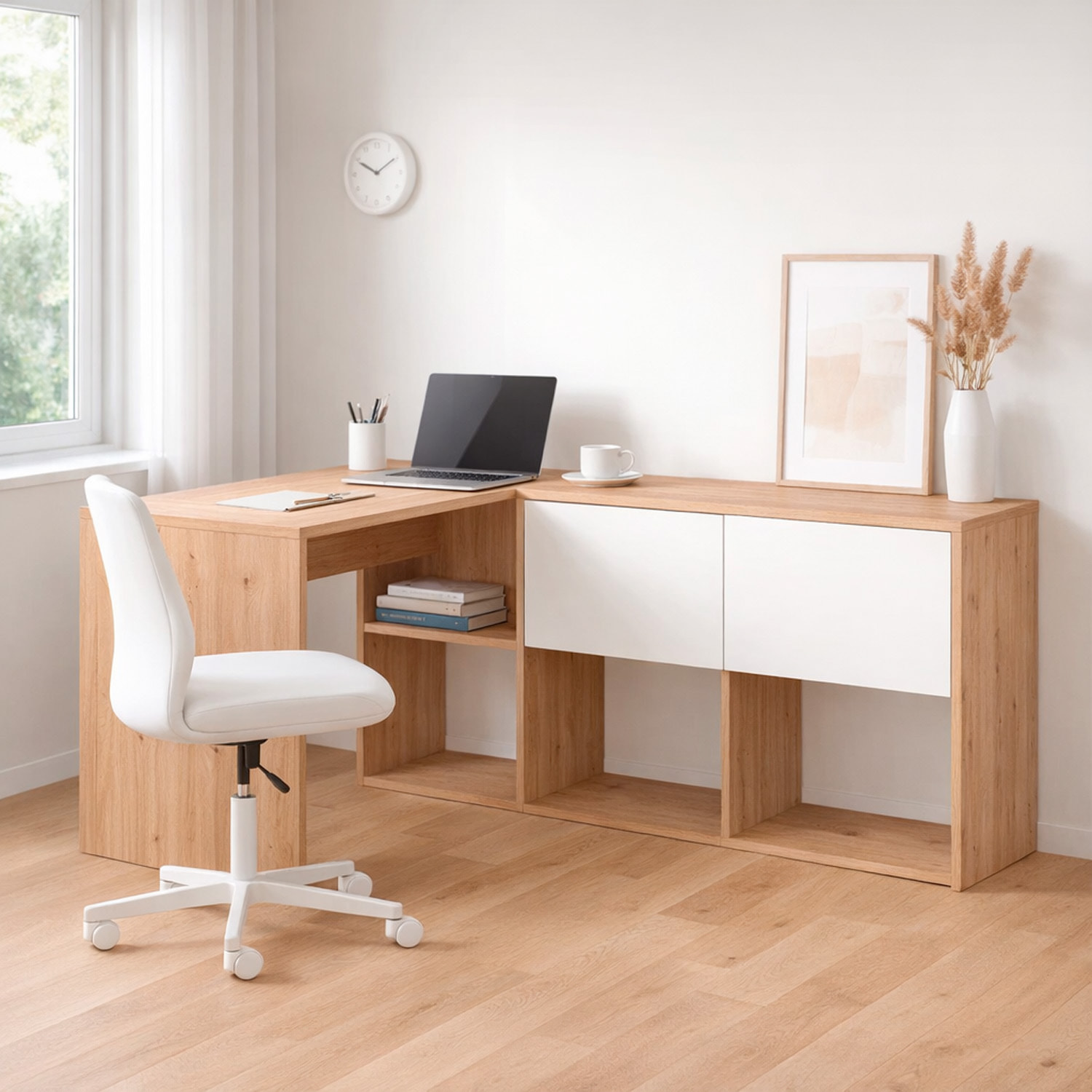 Scrivania Libreria Multiposizione Reversibile Salvaspazio Con 3 Configurazioni Verticale E Orizzontale Dimensioni: 140 x 108 x 70 Cm  Rovere E Bianco