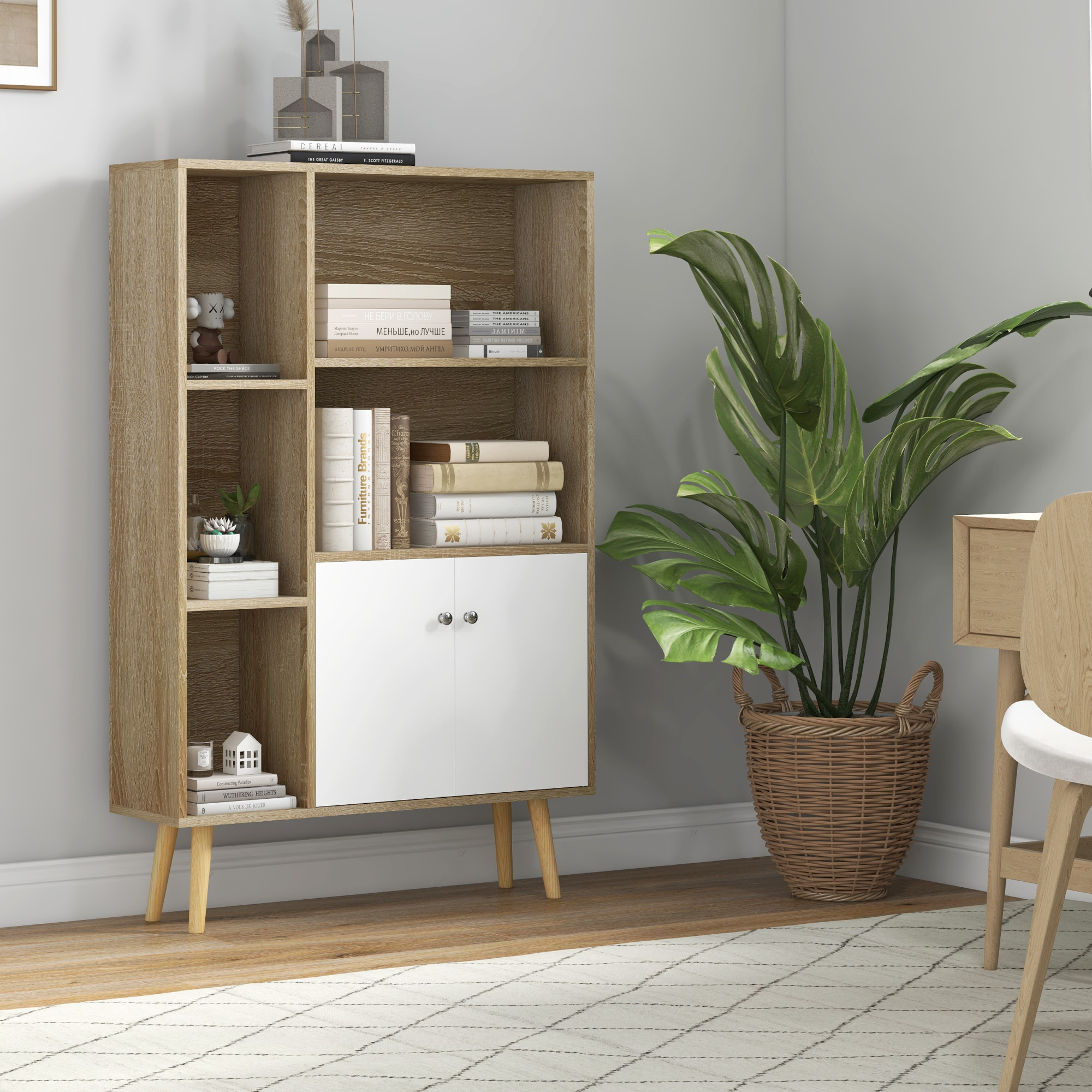 Bibliothèque scandinave dim. 80L x 23,5l x 123H cm 5 niches placard 2 portes pieds effilés inclinés bois massif panneaux particules naturel et blanc