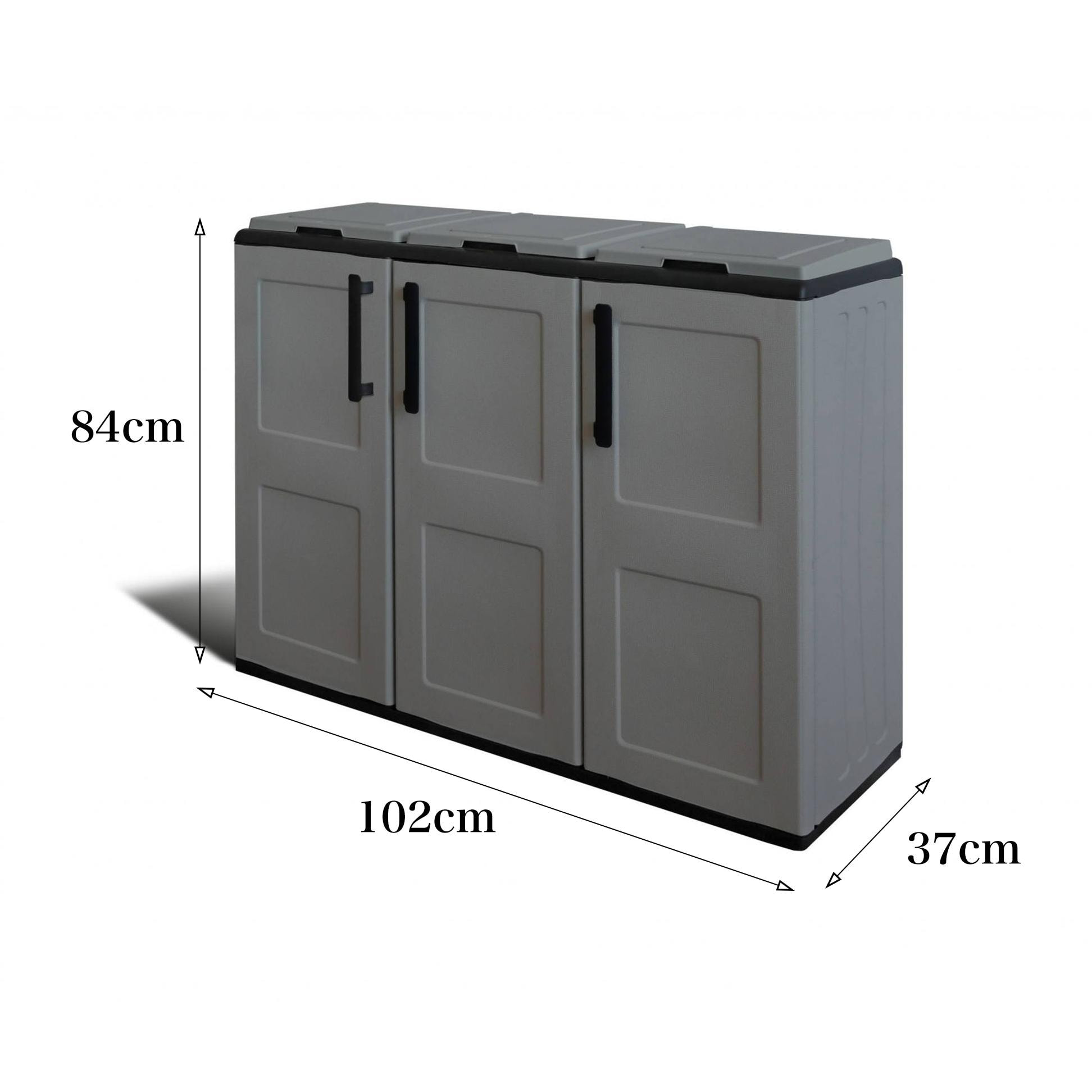 Armadio portarifiuti da esterno o interno, Mobile porta 3 sacchi a 3 ante, 100% Made in Italy, cm 102x37h90, colore Grigio