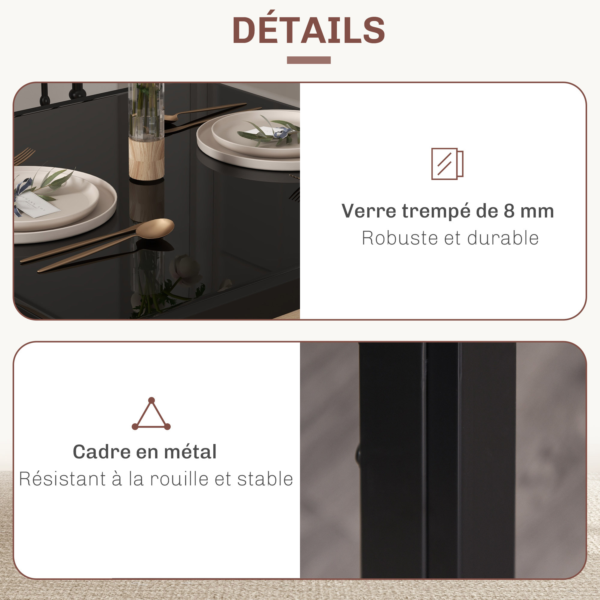 Ensemble table à manger carré et 2 chaises grand confort métal noir plateau verre trempé 8 mm