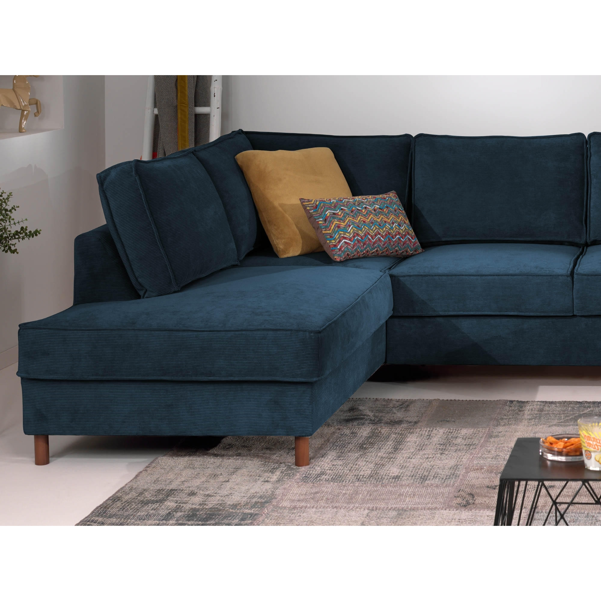 Jake - canapé panoramique d'angle gauche - convertible avec coffre - 7 places - en velours côtelé - Bleu Ardoise