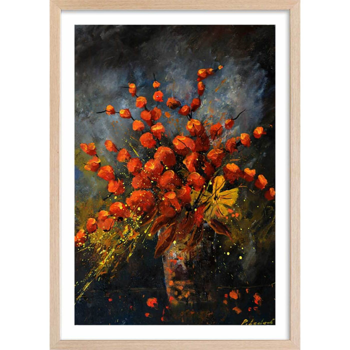 Affiche vase fleurs orange Affiche + cadre en bois - Chêne