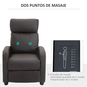 Sillón de Masaje Relax Reclinable con Mando a Distancia 2 Zonas de Masaje 8 Programas 5 Niveles de Intensidad y Temporizador Tapizado en PU 68x88x98 cm Marrón