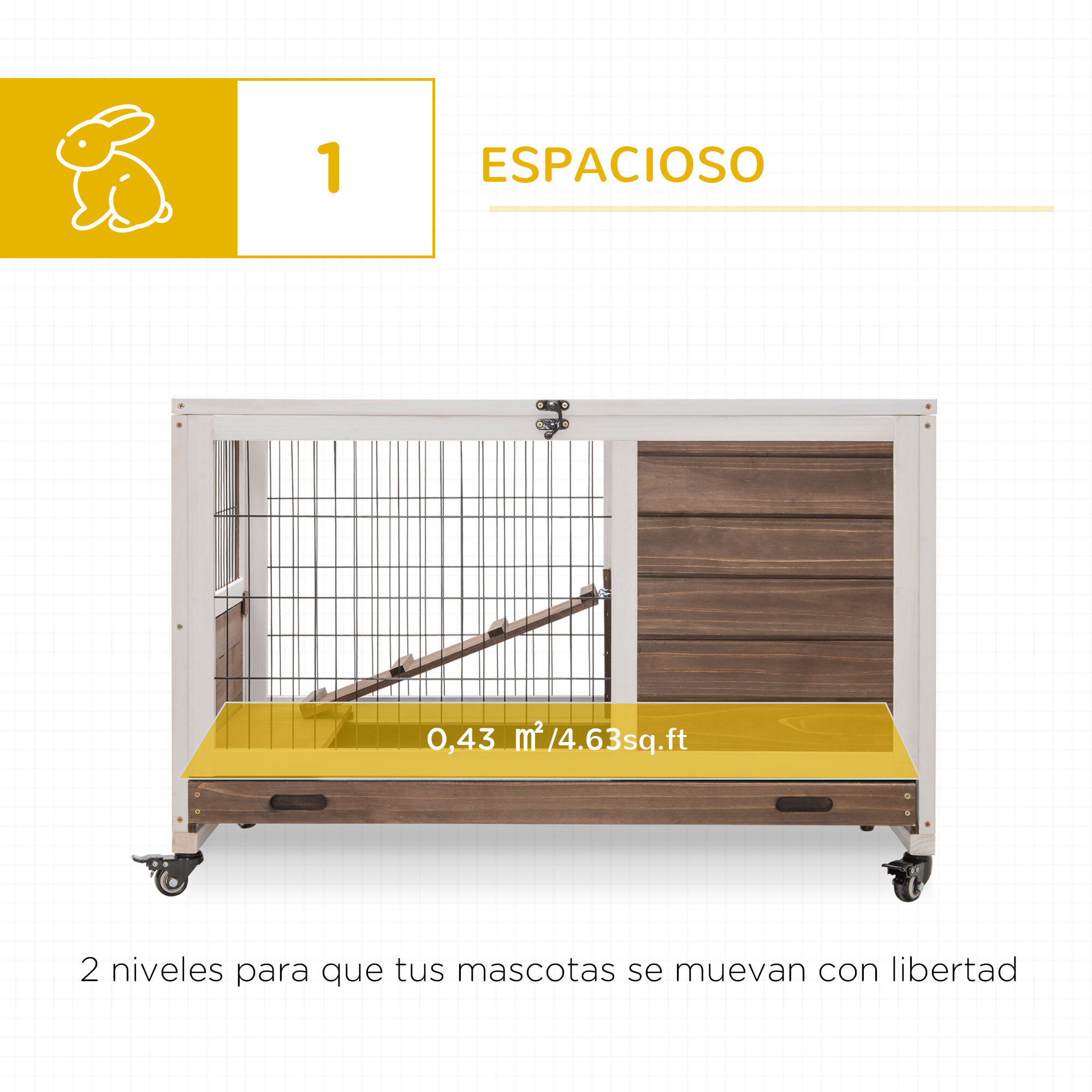 Jaula para Conejos de Madera Conejera para Mascotas Pequeñas Portátil Interior con Techo Abrible Rampa Bandeja Extraíble para Conejillos de Indias 90x53x59 cm Marrón