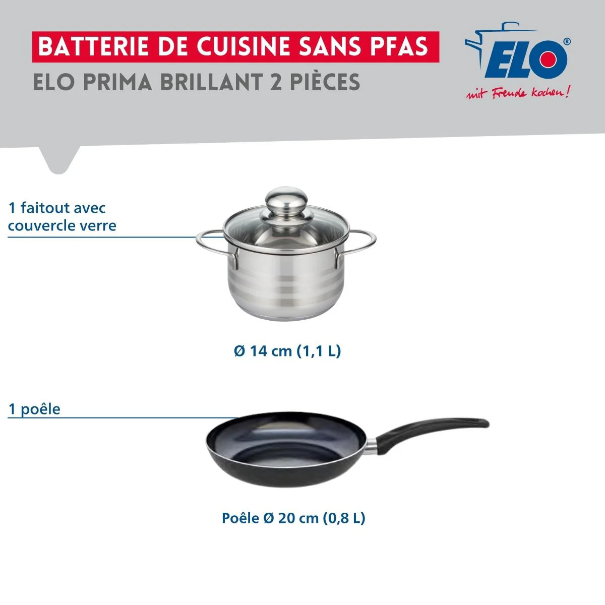 Ensemble de 1 Poêle de cuisson 20 cm et 1 faitout 14 cm Elo Prima Brillant