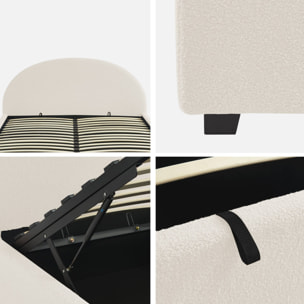 Lit coffre avec sommier à lattes et tête de lit. finition bouclette. blanc. L216.5 x P174 x H102cm