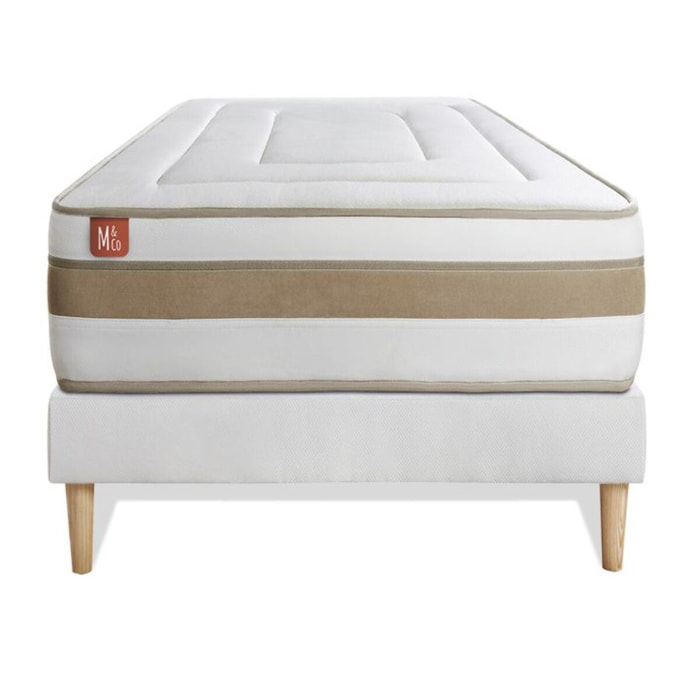 Ensemble Matelas Le Raffiné - 26cm - Ressorts ensachés et mémoire de forme - Confort haut de gamme, impact réduit. - Sommier Tapissier Blanc