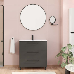 Ensemble De Salle De Bain Haru | Meuble De Salle De Bain Avec Pieds | 80 Cm Noir| 3 Tiroirs | Vasque Ceramique | N'Inclut Pas Miroir | Alday