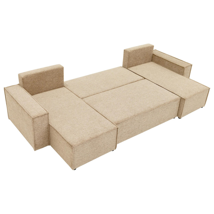 Cezanne - Canapé panoramique en U 7 places convertible avec coffre en tissu texturé - Beige