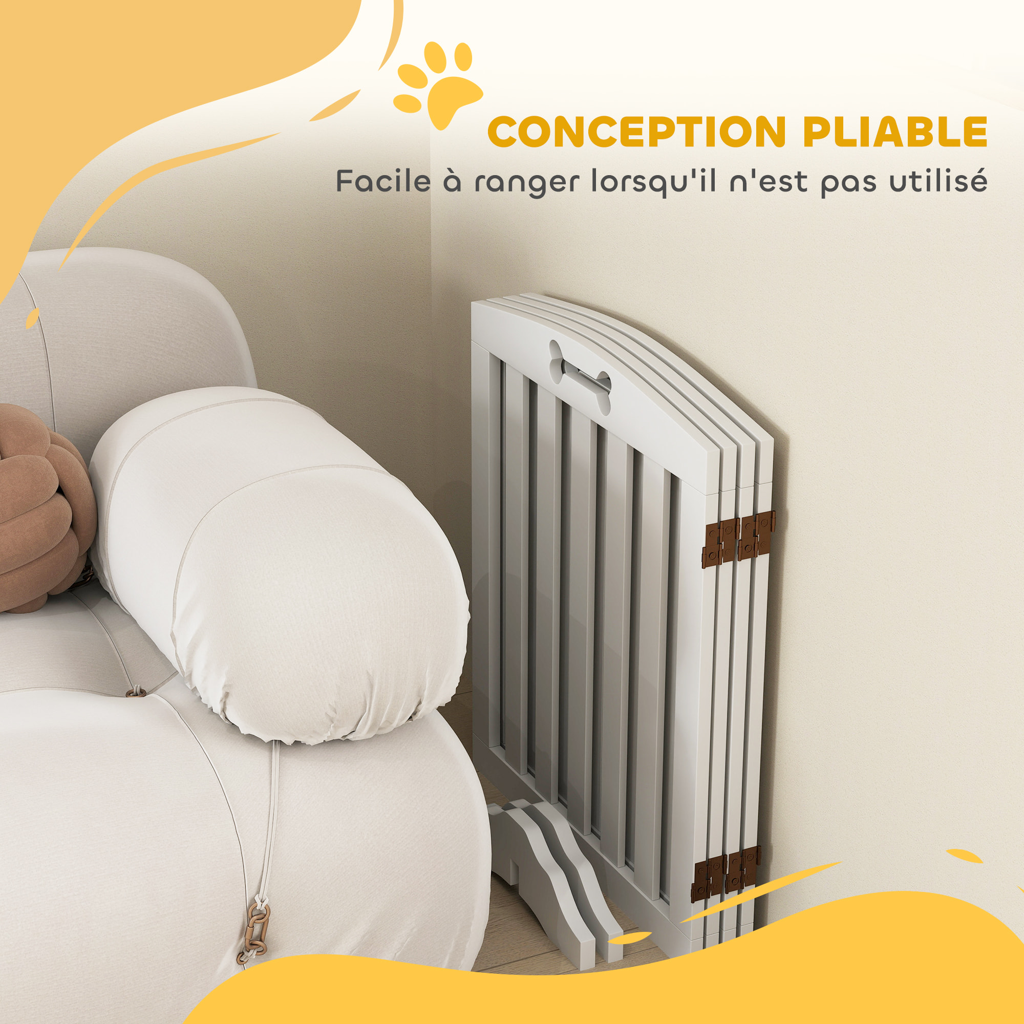 Barrière de sécurité chien pliable adaptable motif os - piètement support antidérapant - 207 x 30 x 61 cm - MDF blanc