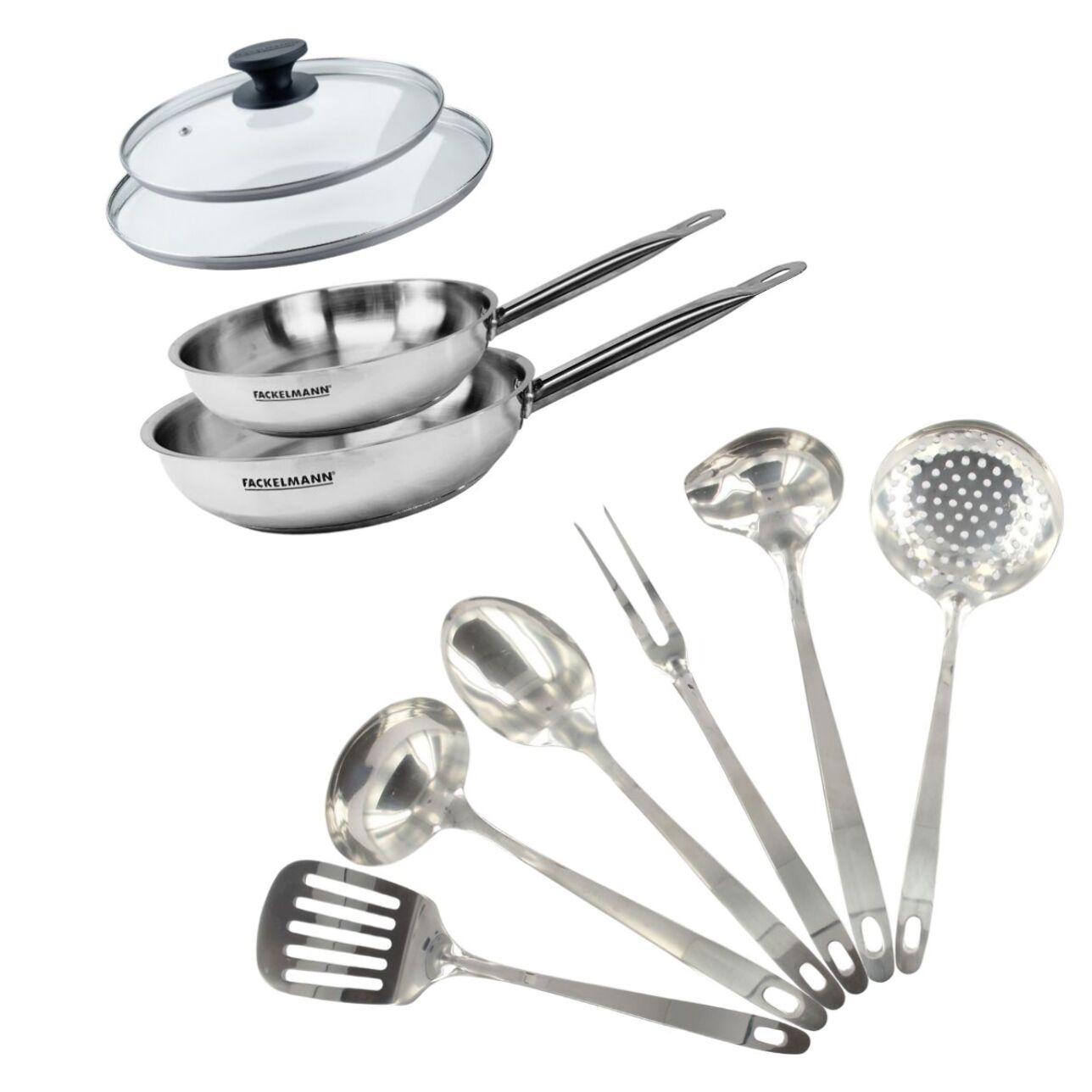 Set de 2 poêles en inox, 2 couvercles verre et 6 ustensiles inox Fackelmann Eterna