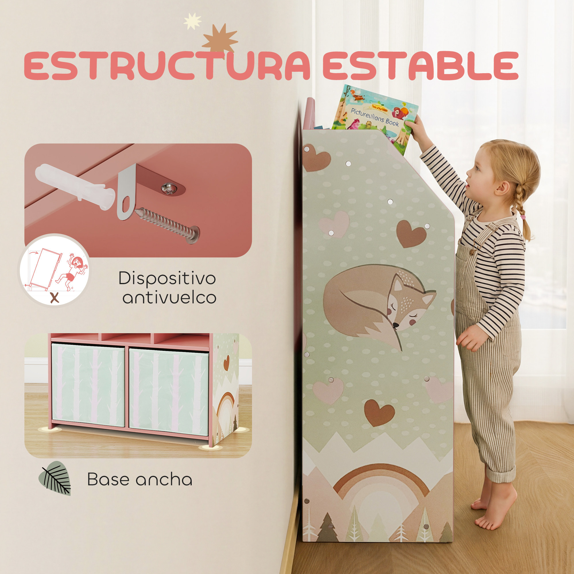 Estantería Infantil para Juguetes con Cajones de Tela, Estantes Abiertos, Diseño de Zorros, Organizador de Juguetes para Dormitorio, Sala de Juegos, Guardería, Rosa