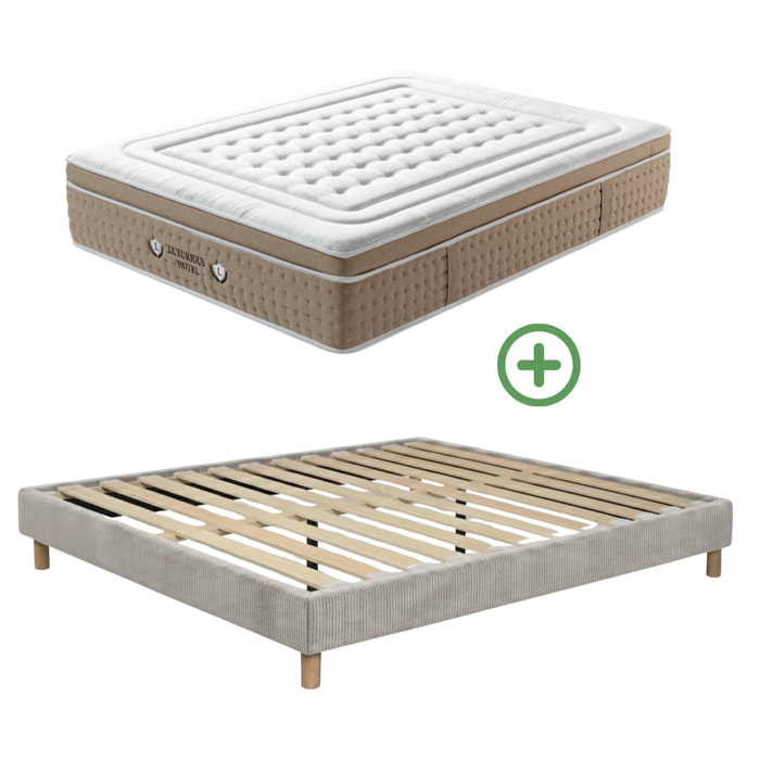 Ensemble matelas Bali & sommier Cancun | Mémoire de forme et ressorts ensachés | Cadre à lattes | Velours côtelé | Gris clair