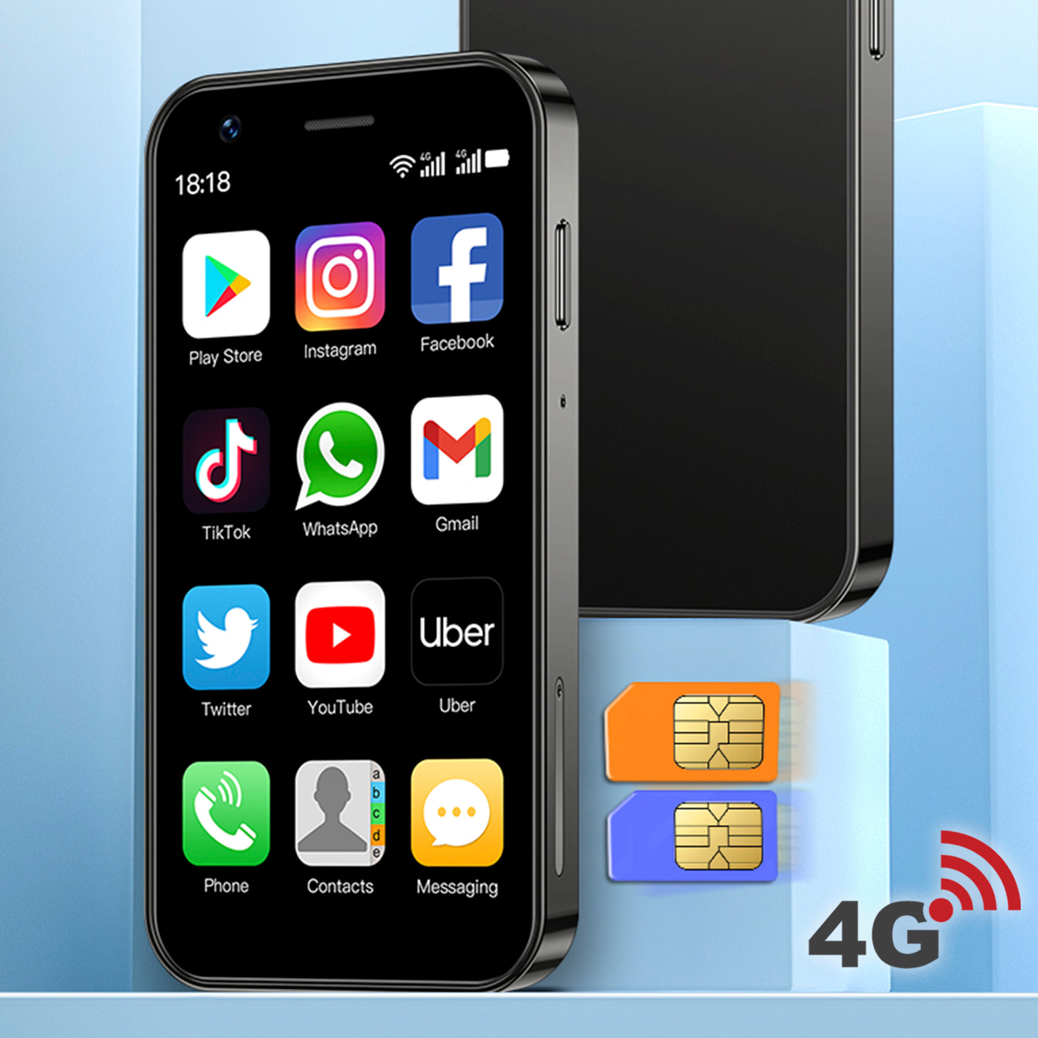 DAM Mini smartphone XS16 4G, Android 8.1, 2GB RAM + 16GB. Pantalla 3''.Doble tarjeta SIM. 4,5x1,2x10,2 Cm. Color: Azul