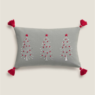 Funda de cojín de algodón con bordado navideño Tres color gris Algodón