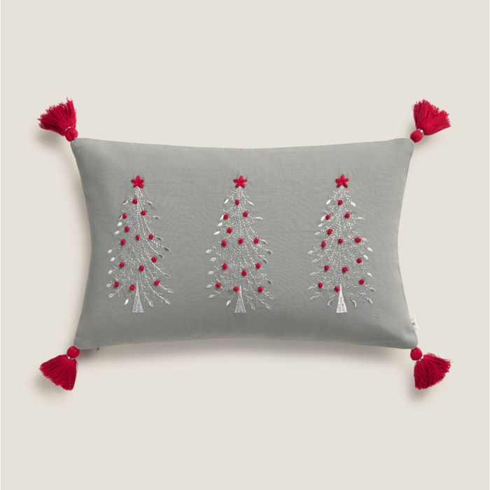 Funda de cojín de algodón con bordado navideño Tres color gris Algodón