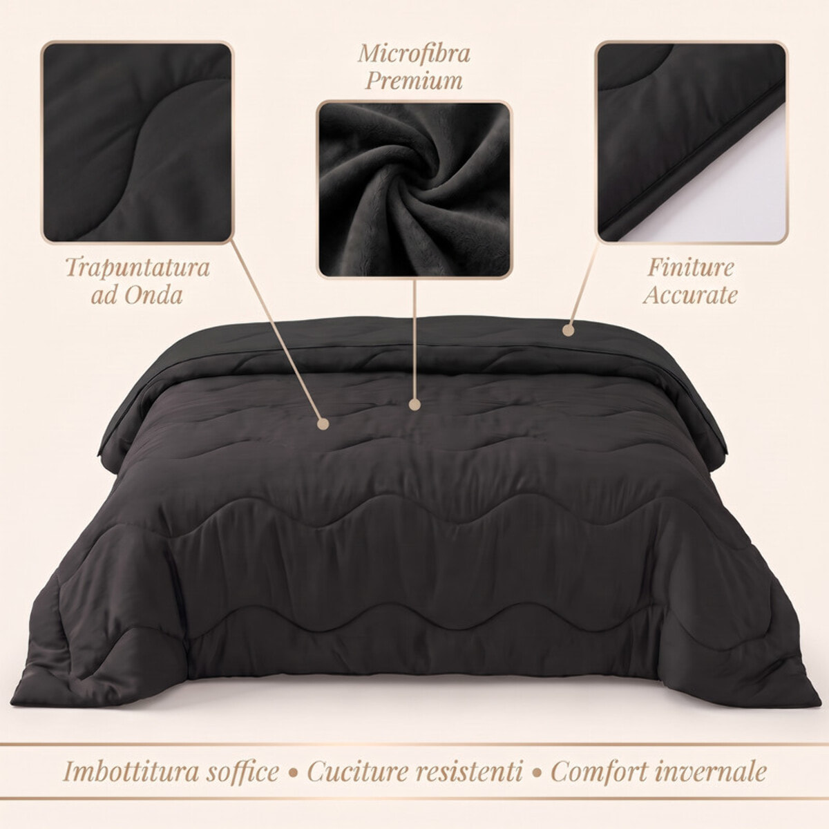 Trapunta invernale bicolor Made in Italy in microfibra di poliestere - Nero/Grigio