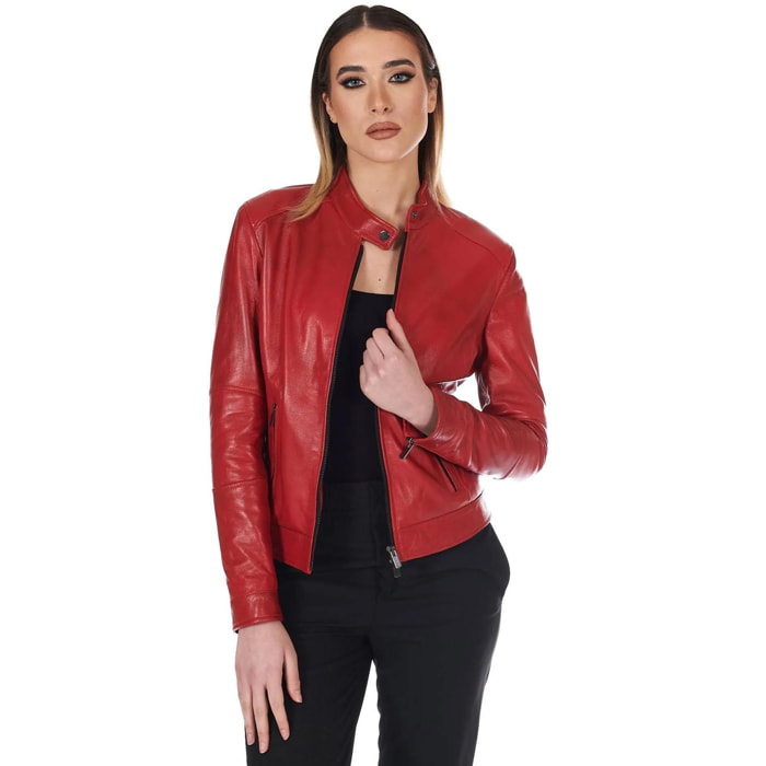 Giacca biker in pelle rossa nappa effetto liscio