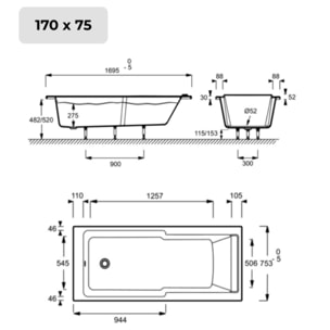 Baignoire bain douche Struktura + pare bain + étagère 170 X 75
