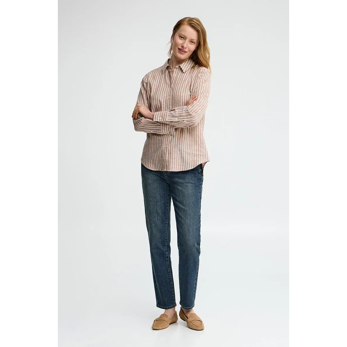 Camicia cotolino a righe terracotta regular fit con ricamo Polo Club